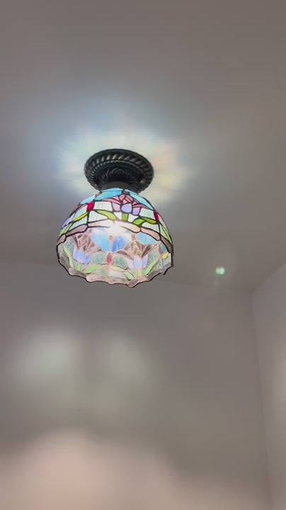 Tiffany-Style Stained Glass Ceiling Light – Colorful Mosaic Flush Mount Lamp for Hallway, Bedroom & Living Room