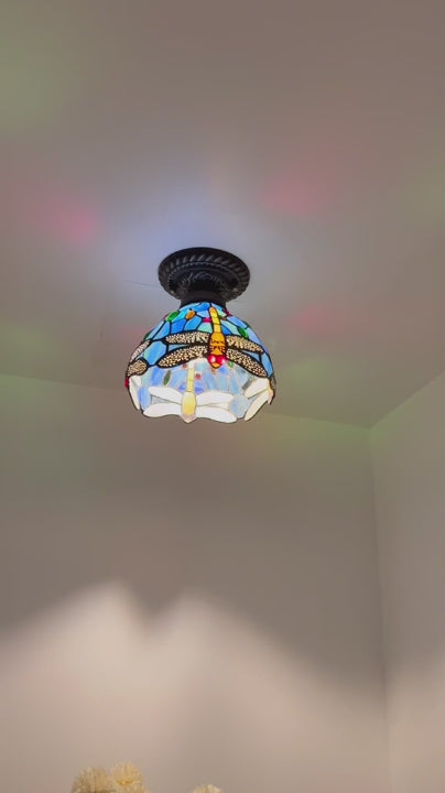 Tiffany-Style Stained Glass Ceiling Light – Colorful Mosaic Flush Mount Lamp for Hallway, Bedroom & Living Room